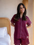 Women Summer Pajama Set Dark Red Buttoned Shirt + Shorts